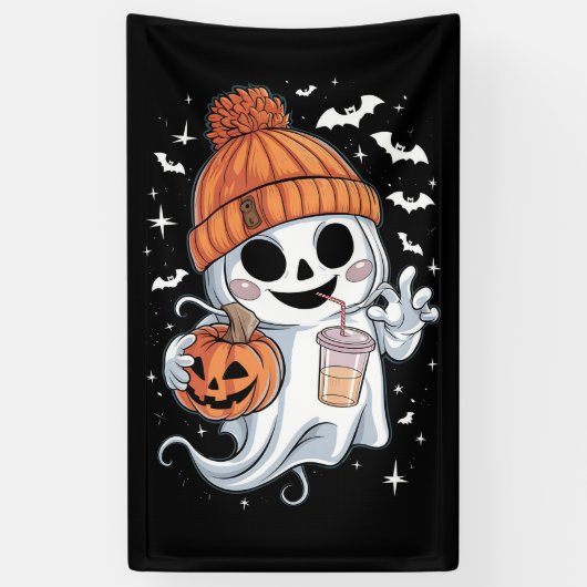 かわいい幽霊がコーヒーを飲む ハロウィン アイスコーヒー 横断幕 (縦)