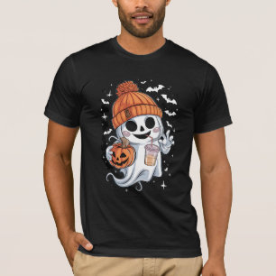 かわいい幽霊がコーヒーを飲む ハロウィン アイスコーヒー Tシャツ