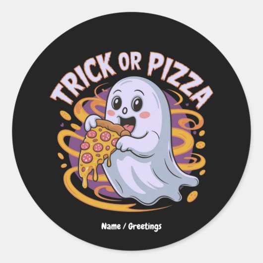 かわいい幽霊がピザを食べる 面白い 怖いハロウィンTシャツ ラウンドシール (正面)