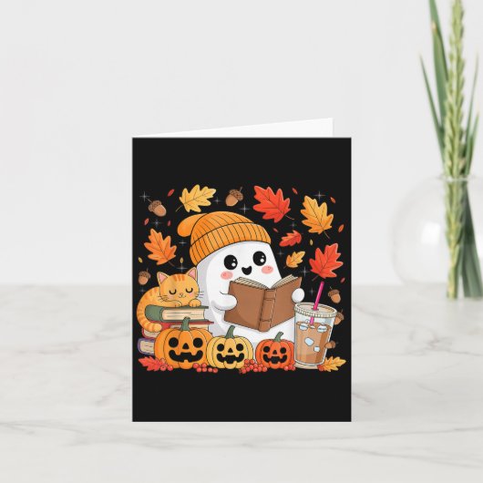 かわいい幽霊が本を読むのが好きな人たち 秋のハロウィン カード (正面)