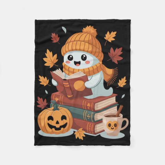 かわいい幽霊が本を読む - 秋のハロウィン本好き フリースブランケット (正面)