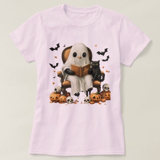 かわいい幽霊が猫と読書 Tシャツ (デザイン正面)