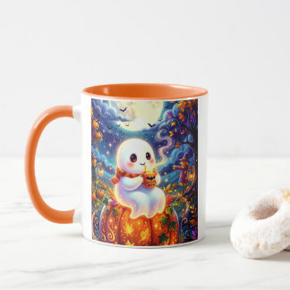 かわいい幽霊が魔女の魔法薬のコーヒーマグカップでくつろぐ マグカップ