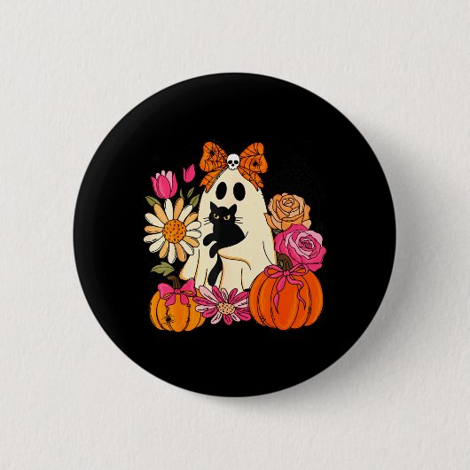 かわいい幽霊が黒猫のかぼちゃの花を持つ 缶バッジ (正面)