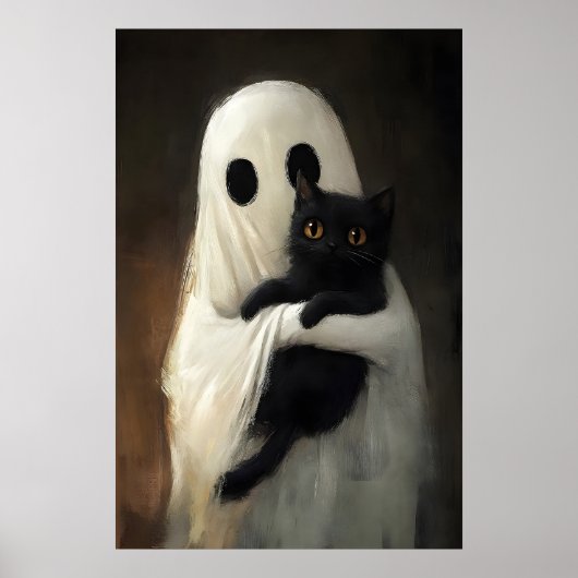 かわいい幽霊が黒猫を抱きしめる デジタルハロウィン ポスター (正面)