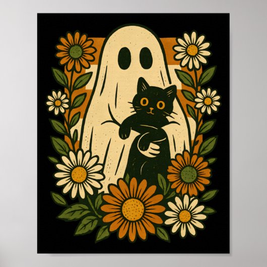 かわいい幽霊が黒猫を持つグルービーな花柄の面白いデザイン ポスター (正面)