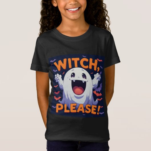 かわいい幽霊が「Witch Please!」と言うハロウィンのウィッチグッズ 🎃 Tシャツ (正面)