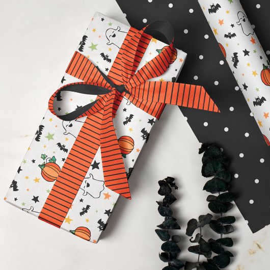 かわいい幽霊こうもりカボチャのハロウィーンパターン ラッピングペーパー