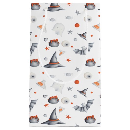 かわいい幽霊とこうもりハロウィンパターン スモールペーパーバッグ (正面)