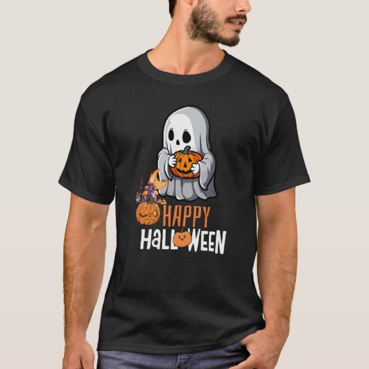 かわいい幽霊とカボチャ「ハッピーハローウィン」 Tシャツ (正面)