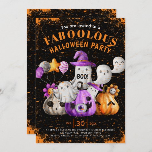 かわいい幽霊とカボチャBOOハローウィンパーティブラック 招待状 (正面/裏面)