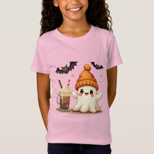かわいい幽霊とコーヒーとこうもりハロウィーン Tシャツ (正面)