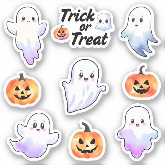 かわいい幽霊とハロウィーンカボチャの水彩色 シール (正面)