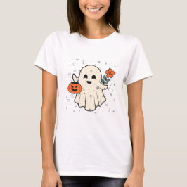 かわいい幽霊とフラワー&パンプキンハロウィーン Tシャツ