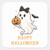 かわいい幽霊と弓とカボチャ | ハロウィン スクエアシール (正面)