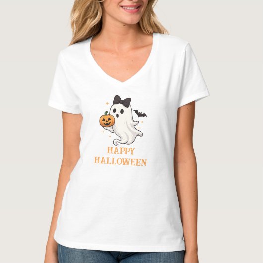 かわいい幽霊と弓とカボチャ | ハロウィン Tシャツ (正面)