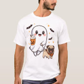 かわいい幽霊と歩く犬 パグ コーヒー ハロウィン コスチューム Tシャツ (正面)