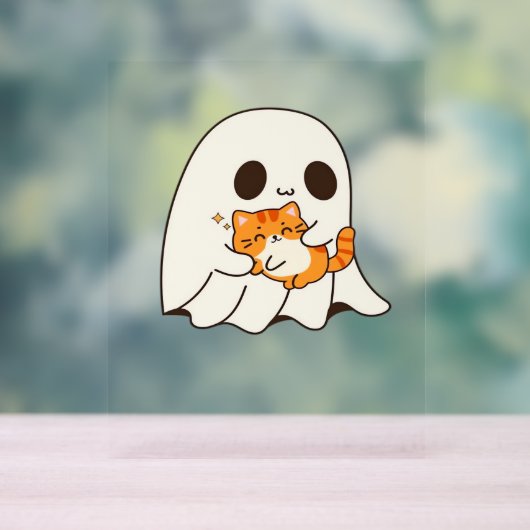 かわいい幽霊と猫、ギフトクラシックハロウィンTシャツ アクリルサイン (ニュートラル)