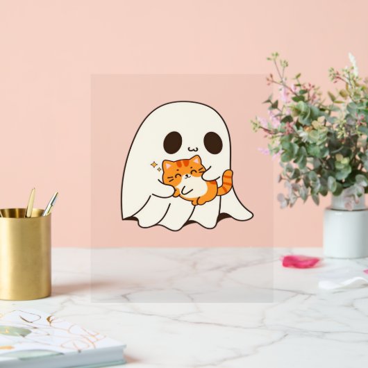 かわいい幽霊と猫、ギフトクラシックハロウィンTシャツ アクリルサイン (ウェディング)