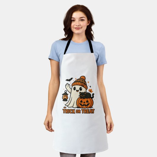かわいい幽霊と黒猫のトリックまたは特大おごり エプロン (着用した状態)