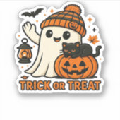 かわいい幽霊と黒猫のトリックまたは特大おごり シール (正面)