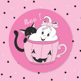 かわいい幽霊と黒猫のハロウィンステッカー ラウンドシール