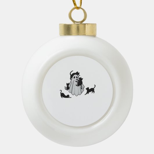 かわいい幽霊と黒猫クラシックTシャツ セラミックボールオーナメント (正面)