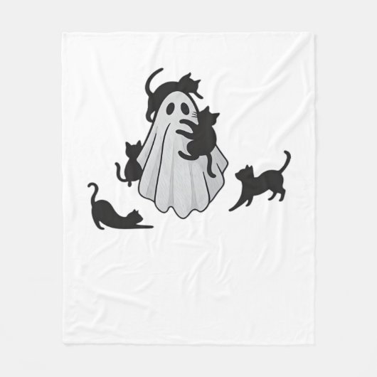 かわいい幽霊と黒猫クラシックTシャツ フリースブランケット (正面)