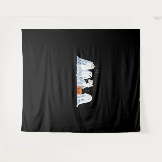 かわいい幽霊と黒猫ハロウィン不気味- Seas タペストリー (正面(横))