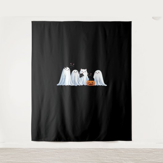 かわいい幽霊と黒猫ハロウィン不気味- Seas タペストリー (正面)