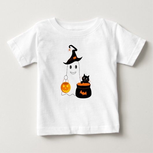 かわいい幽霊と黒猫ハロウィ祝ーン ベビーTシャツ (正面)