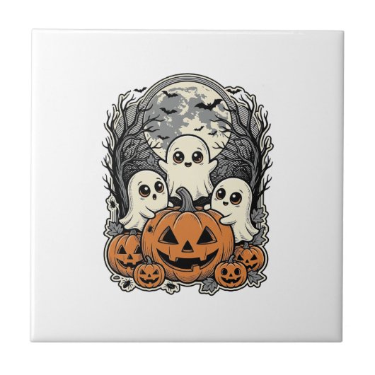 かわいい幽霊のかぼちゃシャツビンテージの彫刻ハロウィン タイル (正面)
