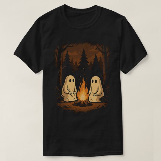 かわいい幽霊のまわりにキャンプファイヤーハロウィーン Tシャツ (デザイン正面)