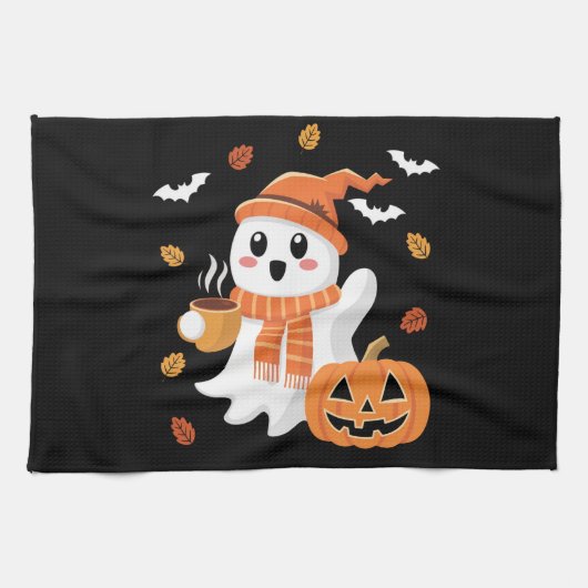 かわいい幽霊のアイコーヒーハロウィン キッチンタオル (横)