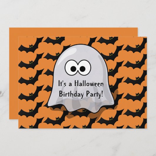かわいい幽霊のハロウィンの誕生会はオレンジを打ちます 招待状 (正面/裏面)
