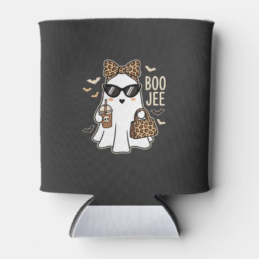 かわいい幽霊のハロウィンヒョウ柄デザイン_1 缶クーラー (正面)