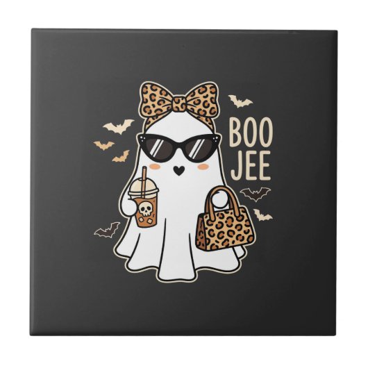 かわいい幽霊のハロウィンレオパードデザイン Boo Jee 1 タイル (正面)