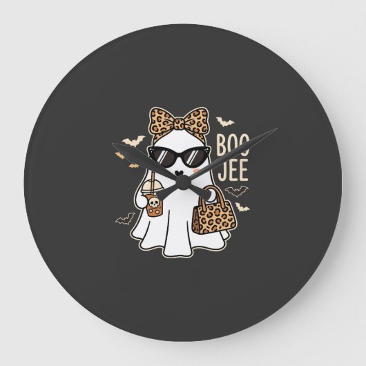 かわいい幽霊のハロウィンレオパードデザイン Boo Jee 1 ラージ壁時計 (正面)