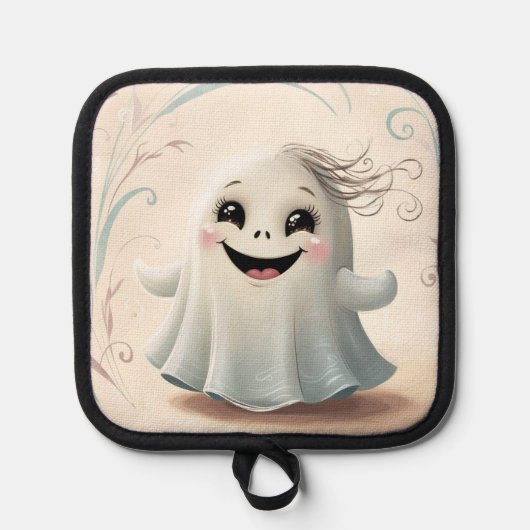 かわいい幽霊の友達 ハロウィンデザイン 鍋敷き (正面)