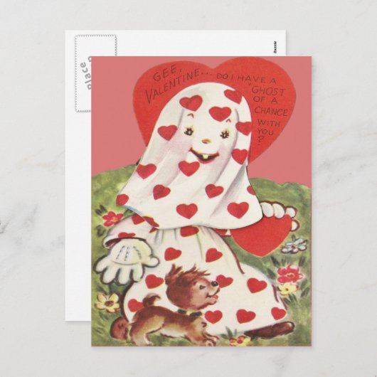 かわいい幽霊の小犬のハートのバレンタイン シーズンポストカード (正面/裏面)