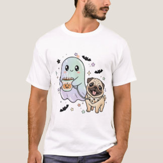 かわいい幽霊の散歩中の犬 パグ コーヒー ハロウィン 仮装 Tシャツ
