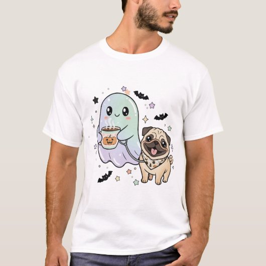 かわいい幽霊の散歩中の犬 パグ コーヒー ハロウィン 仮装 Tシャツ (正面)