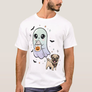 かわいい幽霊の散歩中の犬 パグ コーヒー ハロウィン 仮装 Tシャツ