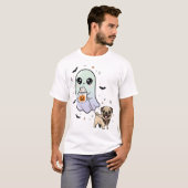 かわいい幽霊の散歩中の犬 パグ コーヒー ハロウィン 仮装 Tシャツ (正面フル)