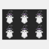 かわいい幽霊は魔女の帽子をかぶったハロウィンパターン ラッピングペーパーシート (正面)