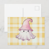 かわいい幽霊ウィッチハットオレンジプレイドハロウィーン シーズンポストカード (正面/裏面)