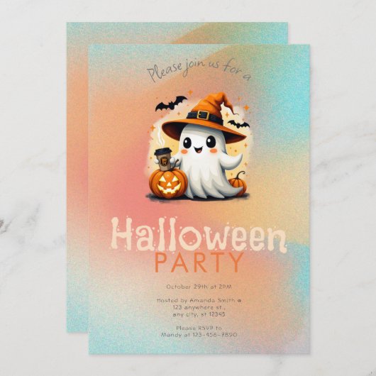かわいい幽霊ウィッチハットコーヒーハローウィンパーティ 招待状 (正面/裏面)