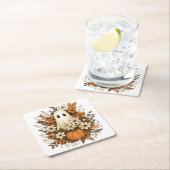 かわいい幽霊カボチャ&秋花 – ハロウィーン スクエアペーパーコースター (インサイチュ)