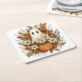 かわいい幽霊カボチャ&秋花 – ハロウィーン スクエアペーパーコースター (アングル)