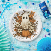 かわいい幽霊カボチャ&秋花 – ハロウィーン ペーパープレート (パーティー)